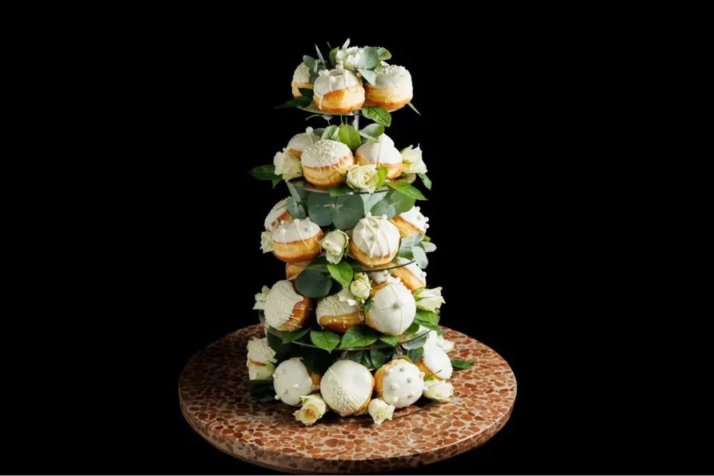 Doughnuts instead of wedding cake London displayed as a wedding dessert alternative with Italian brioche-style doughnuts